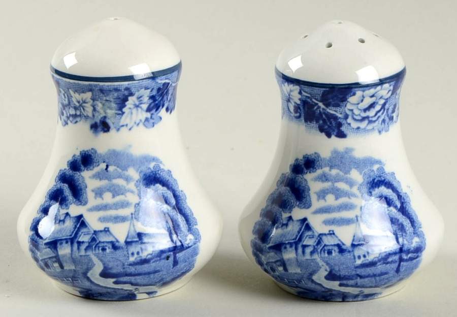English Scenery Blue (Old Backstamp, Smooth) Salt & Pepper Set by Wood & Sons-1