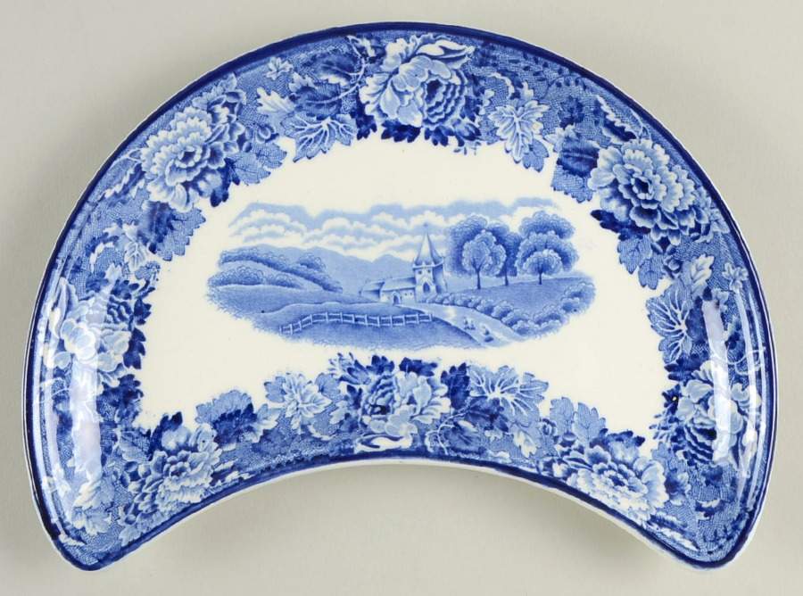 English Scenery Blue (Old Backstamp, Smooth) Crescent Salad Plate by Wood & Sons-1