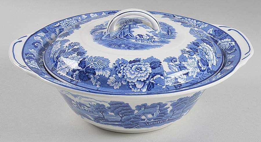 English Scenery Blue (Old Backstamp, Smooth) Round Covered Vegetable by Wood & Sons-1