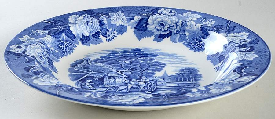 English Scenery Blue (Old Backstamp, Smooth) Large Rim Soup Bowl by Wood & Sons-1