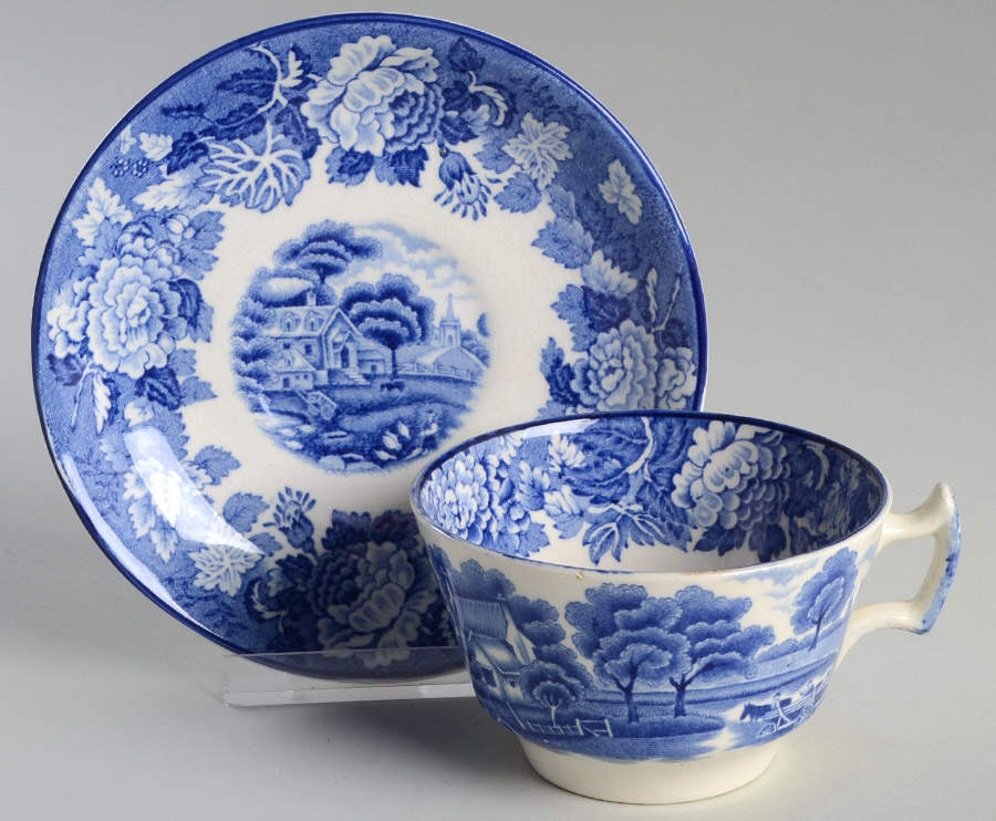 English Scenery Blue (Old Backstamp, Smooth) Flat Cup & Saucer Set by Wood & Sons-1