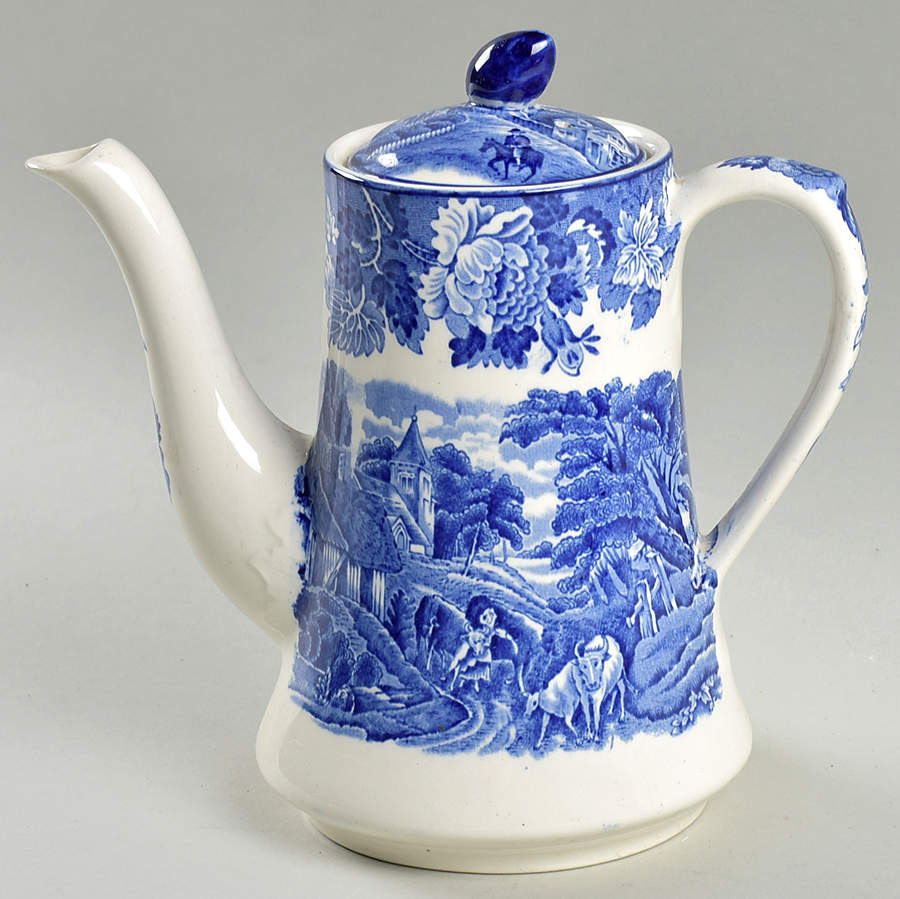 English Scenery Blue (Old Backstamp, Smooth) Small Coffee Pot & Lid by Wood & Sons-1