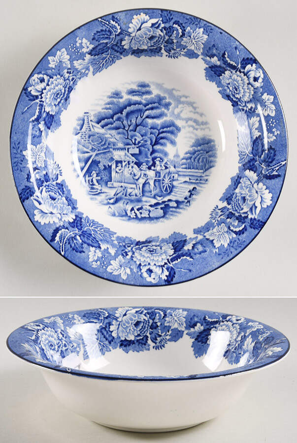 English Scenery Blue (Old Backstamp, Smooth) 9" Round Vegetable Bowl by Wood & Sons-1
