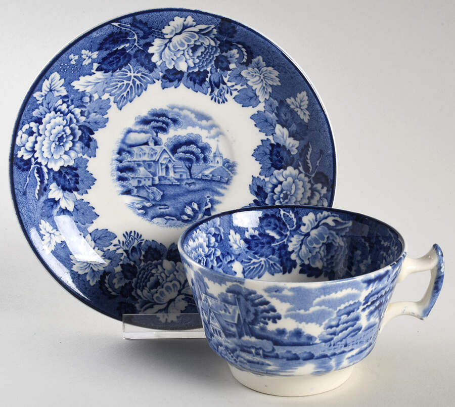 English Scenery Blue (Old Backstamp, Smooth) Flat Cup & Saucer Set by Wood & Sons-1
