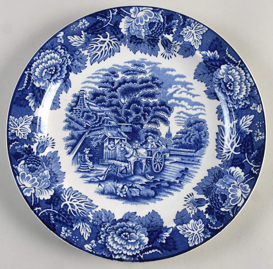 English Scenery Blue (Old Backstamp, Smooth) Luncheon Plate by Wood & Sons-1