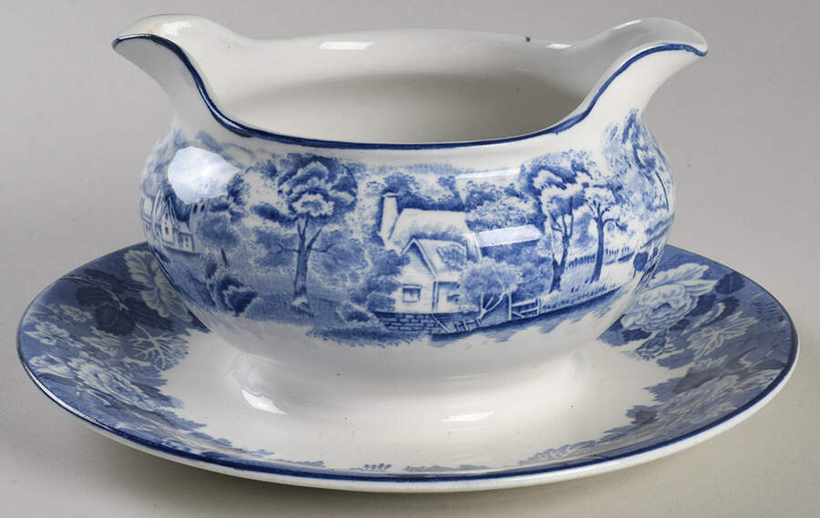 English Scenery Blue (Old Backstamp, Smooth) Gravy Boat with Attached Underplate by Wood & Sons-1