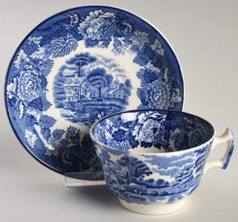 English Scenery Blue (Old Backstamp, Smooth) Flat Cup & Saucer Set by Wood & Sons-1