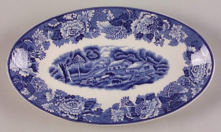 English Scenery Blue (Old Backstamp, Smooth) Relish by Wood & Sons-1