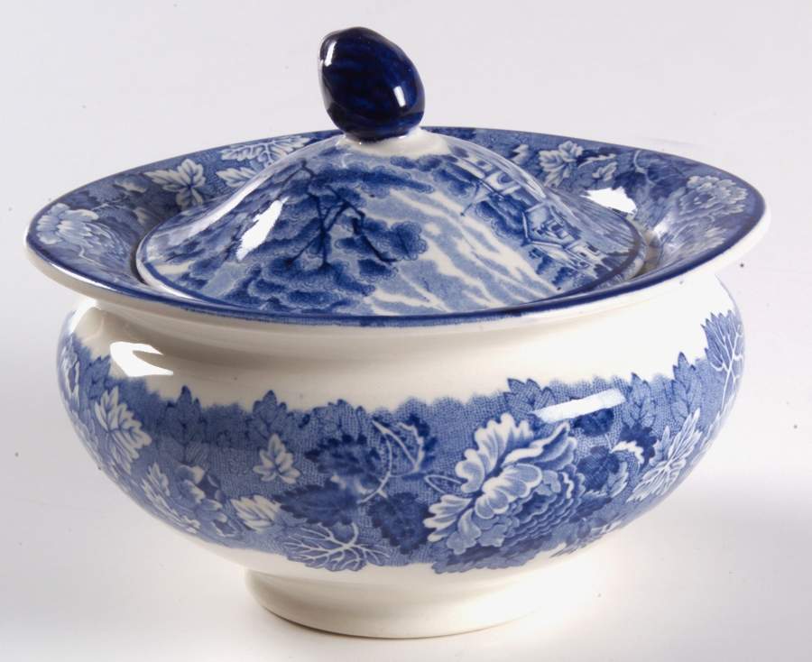 English Scenery Blue (Old Backstamp, Smooth) Sugar Bowl & Lid by Wood & Sons-1