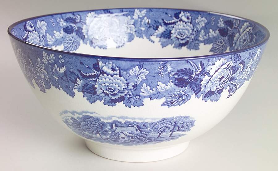 English Scenery Blue (Old Backstamp, Smooth) 10" Large Salad Serving Bowl by Wood & Sons-1