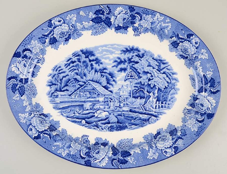 English Scenery Blue (Old Backstamp, Smooth) 14" Oval Serving Platter by Wood & Sons-1