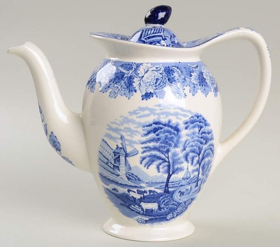 English Scenery Blue (Old Backstamp, Smooth) Small Coffee Pot & Lid by Wood & Sons-1