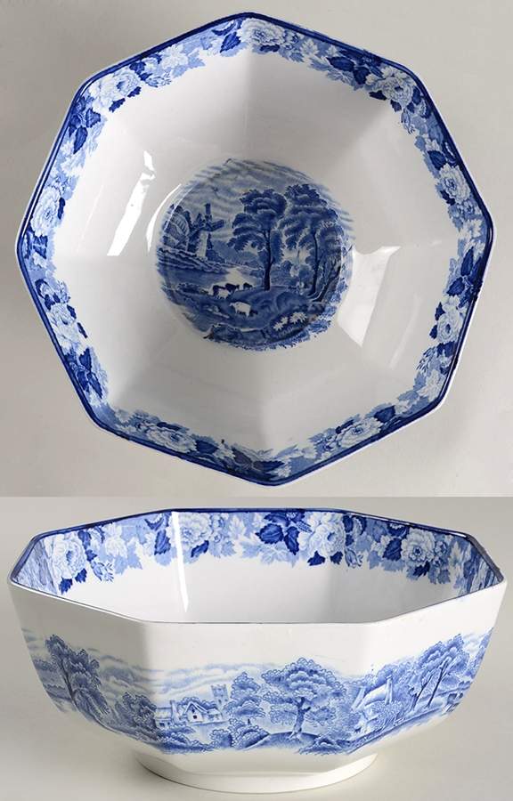 English Scenery Blue (Old Backstamp, Smooth) 8" Octagonal Vegetable Bowl by Wood & Sons-1