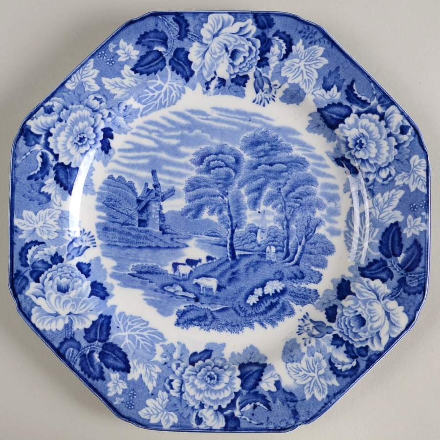 English Scenery Blue (Old Backstamp, Smooth) Octagonal Luncheon Plate by Wood & Sons-1