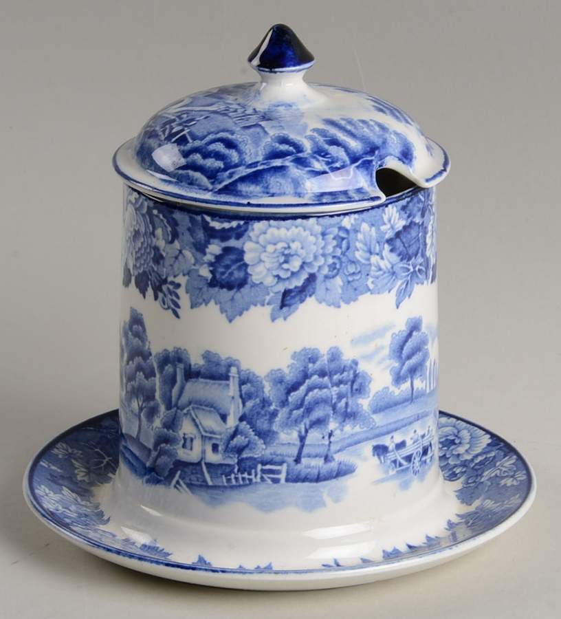 English Scenery Blue (Old Backstamp, Smooth) Preserve Holder & Lid w/Attached Underplate by Wood & Sons-1