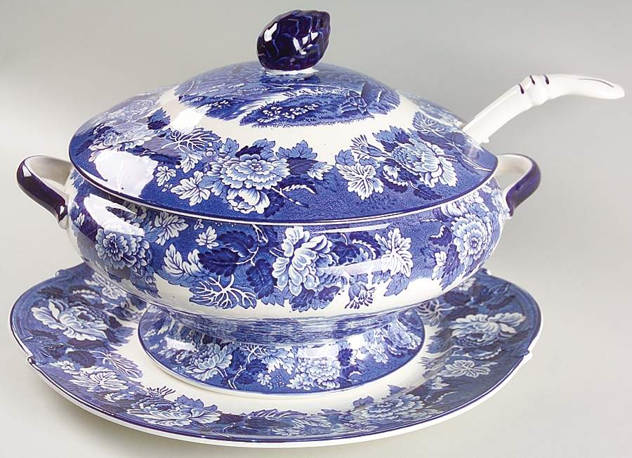 English Scenery Blue (Old Backstamp, Smooth) Tureen & Lid w/Ladle & Underplate by Wood & Sons-1