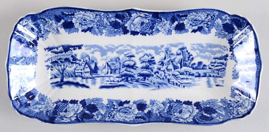English Scenery Blue (Old Backstamp, Smooth) Rectangular Tray 11" by Wood & Sons-1