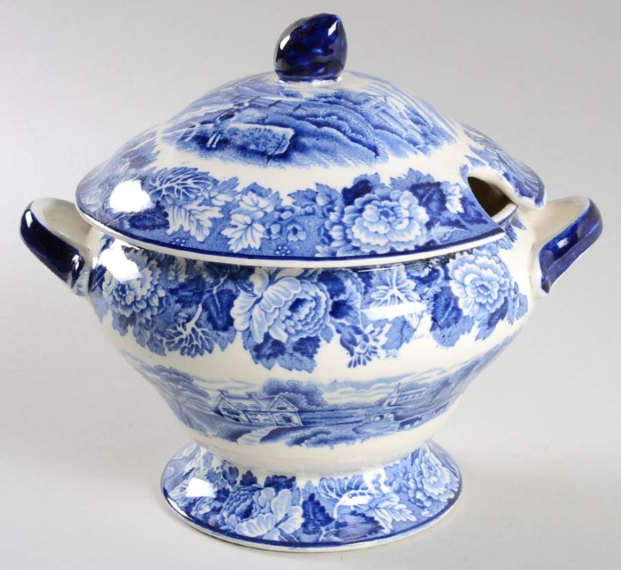 English Scenery Blue (Old Backstamp, Smooth) Sauce Boat & Lid by Wood & Sons-1