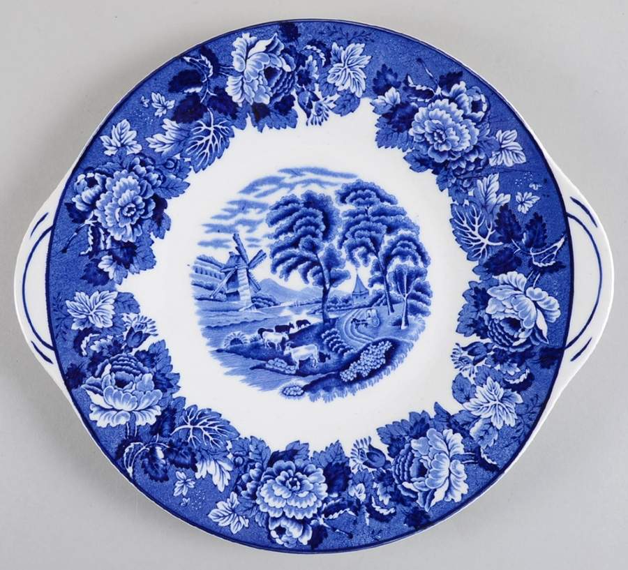 English Scenery Blue (Old Backstamp, Smooth) Handled Cake Plate by Wood & Sons-1