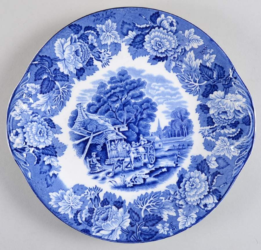 English Scenery Blue (Old Backstamp, Smooth) Handled Cake Plate by Wood & Sons-1