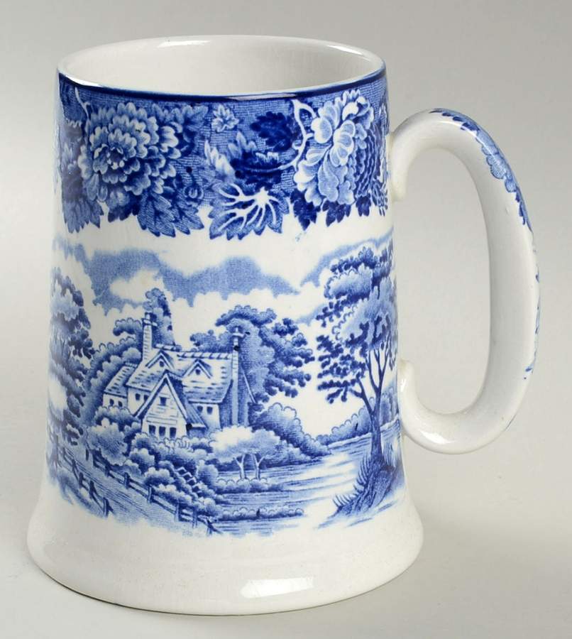 English Scenery Blue (Old Backstamp, Smooth) Tankard by Wood & Sons-1