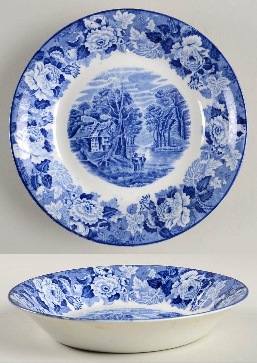 English Scenery Blue (Old Backstamp, Smooth) Coupe Soup Bowl by Wood & Sons-1
