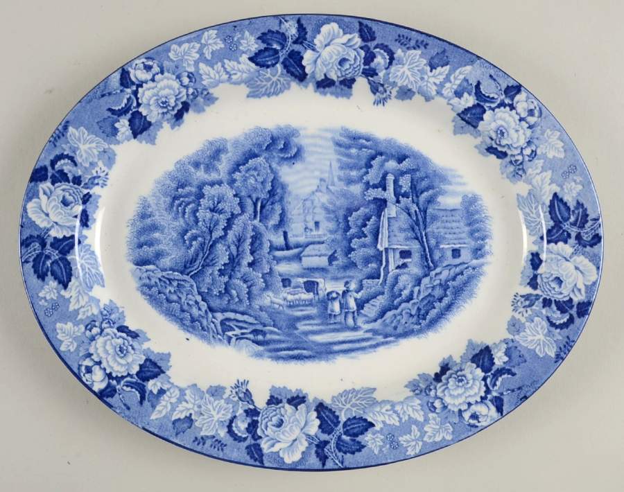 English Scenery Blue (Old Backstamp, Smooth) 11" Oval Serving Platter by Wood & Sons-1