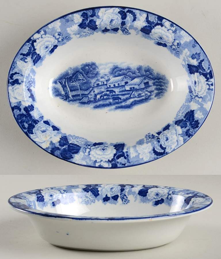 English Scenery Blue (Old Backstamp, Smooth) 8" Oval Vegetable Bowl by Wood & Sons-1