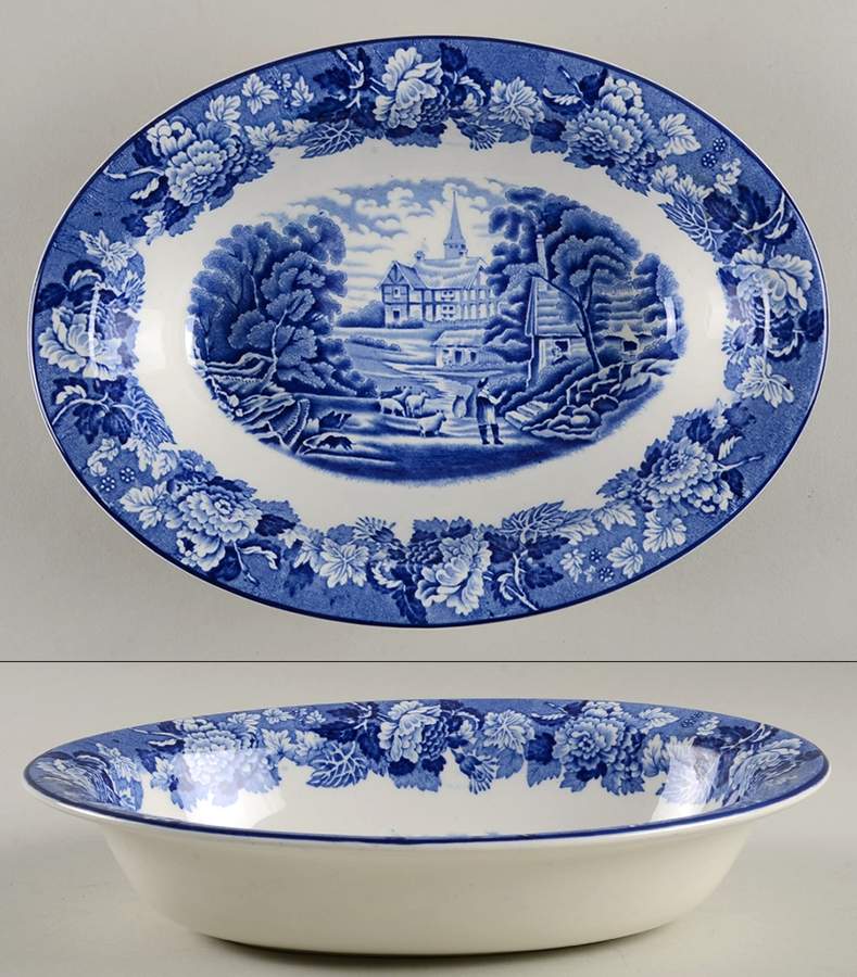 English Scenery Blue (Old Backstamp, Smooth) 9" Oval Vegetable Bowl by Wood & Sons-1