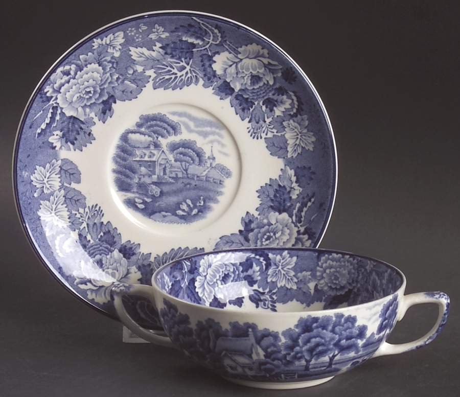English Scenery Blue (Old Backstamp, Smooth) Footed Cream Soup Bowl & Saucer Set by Wood & Sons-1