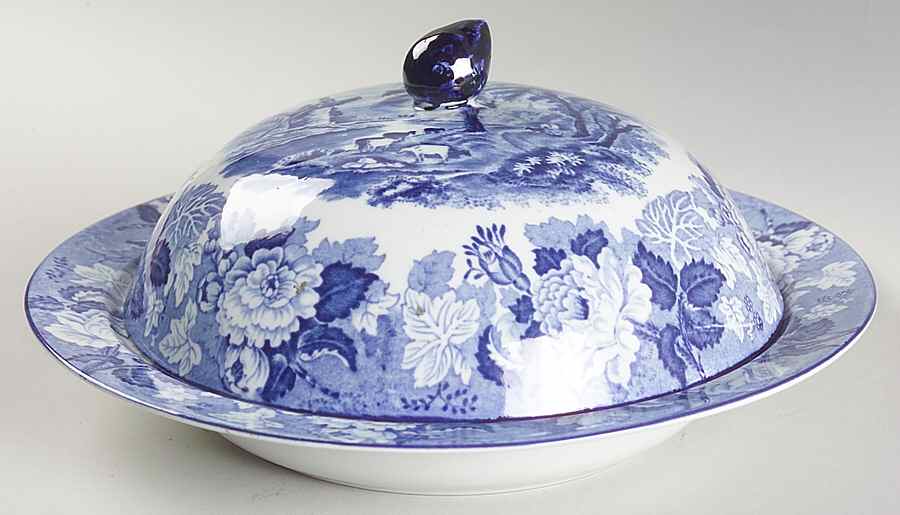 English Scenery Blue (Old Backstamp, Smooth) Muffin Dish & Lid by Wood & Sons-1