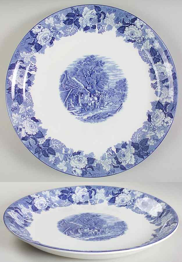 English Scenery Blue (Old Backstamp, Smooth) 13" Deep Round Platter by Wood & Sons-1
