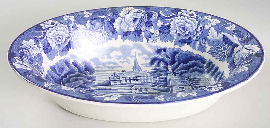 English Scenery Blue (Old Backstamp, Smooth) 8" Oval Vegetable Bowl by Wood & Sons-1