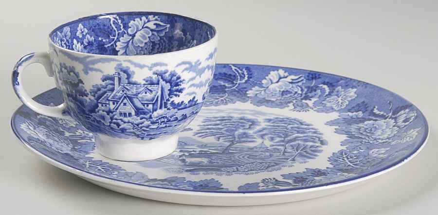 English Scenery Blue (Old Backstamp, Smooth) Snack Plate & Cup Set by Wood & Sons-1