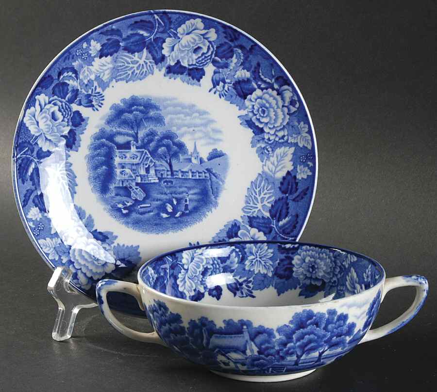 English Scenery Blue (Old Backstamp, Smooth) Footed Cream Soup Bowl & Saucer Set by Wood & Sons-1