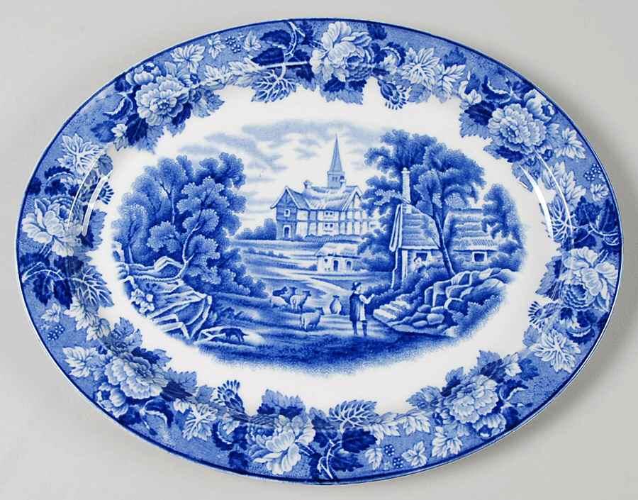 English Scenery Blue (Old Backstamp, Smooth) 10" Oval Serving Platter by Wood & Sons-1