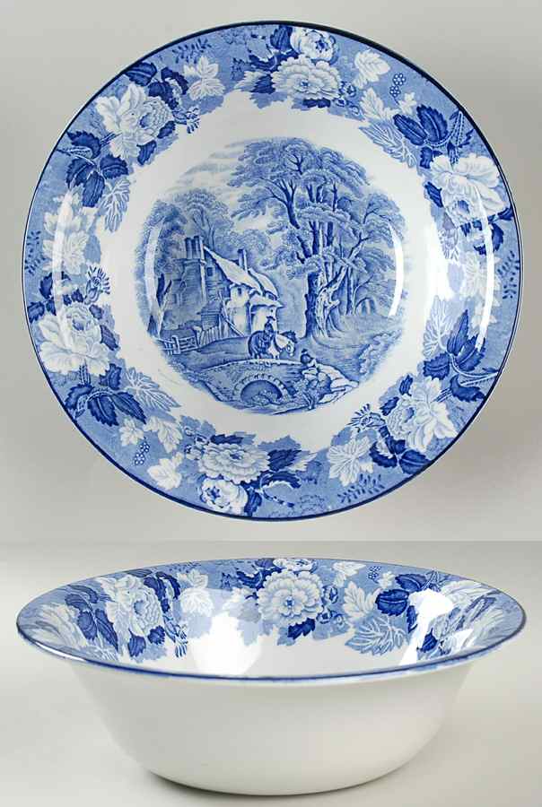 English Scenery Blue (Old Backstamp, Smooth) 8" Round Vegetable Bowl by Wood & Sons-1