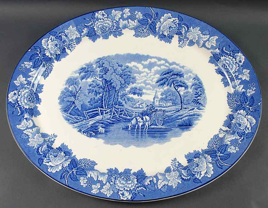 English Scenery Blue (Old Backstamp, Smooth) 21" Oval Serving Platter by Wood & Sons-1