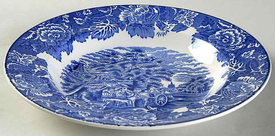 English Scenery Blue (Old Backstamp, Smooth) Large Rim Soup Bowl by Wood & Sons-1