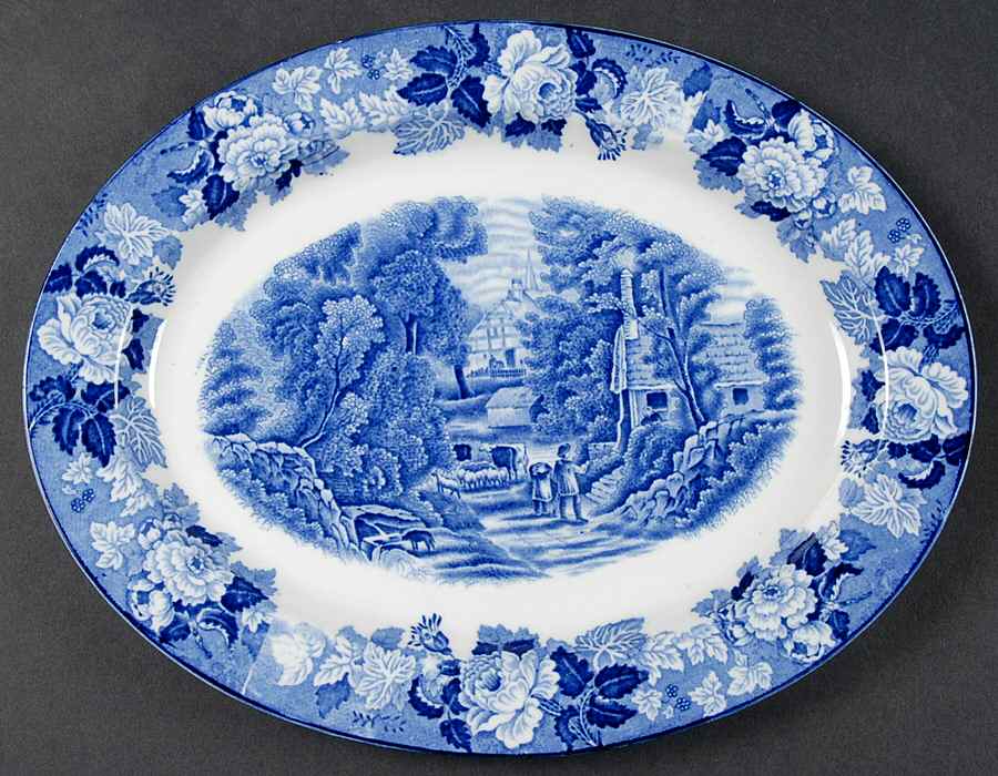 English Scenery Blue (Old Backstamp, Smooth) 10" Oval Serving Platter by Wood & Sons-1