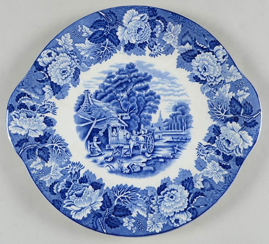 English Scenery Blue (Old Backstamp, Smooth) Handled Cake Plate by Wood & Sons-1