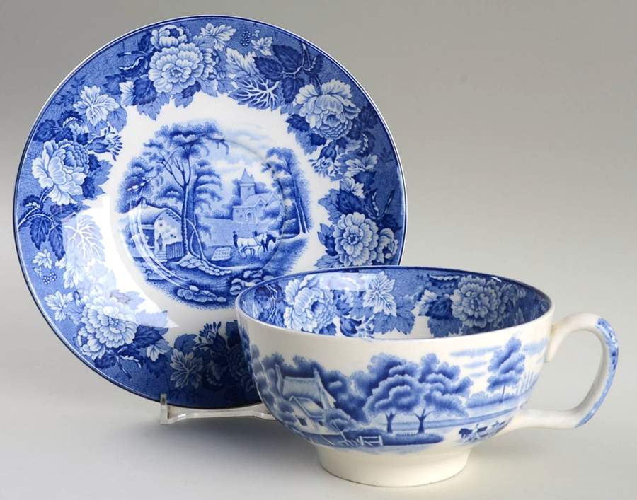 English Scenery Blue (Old Backstamp, Smooth) Jumbo Cup & Saucer Set by Wood & Sons-1