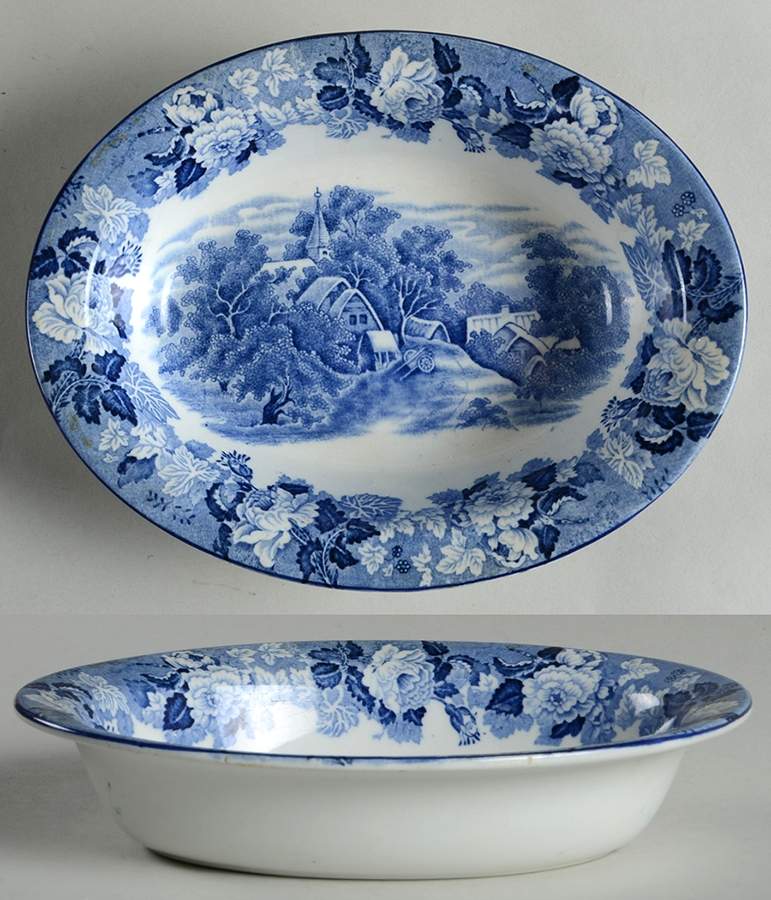 English Scenery Blue (Old Backstamp, Smooth) 8" Oval Vegetable Bowl by Wood & Sons-1