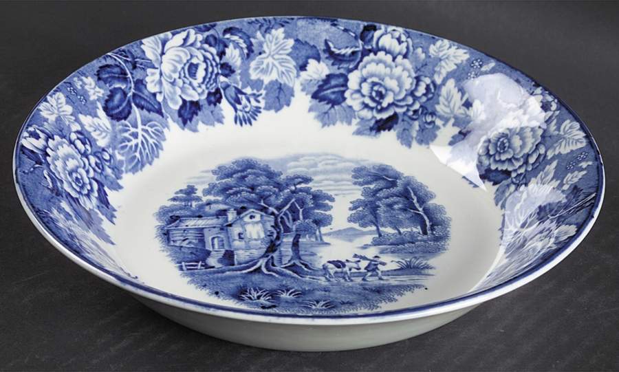English Scenery Blue (Old Backstamp, Smooth) Coupe Soup Bowl by Wood & Sons-1