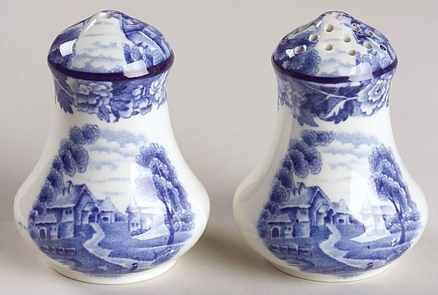 English Scenery Blue (Old Backstamp, Smooth) Salt & Pepper Set by Wood & Sons-1