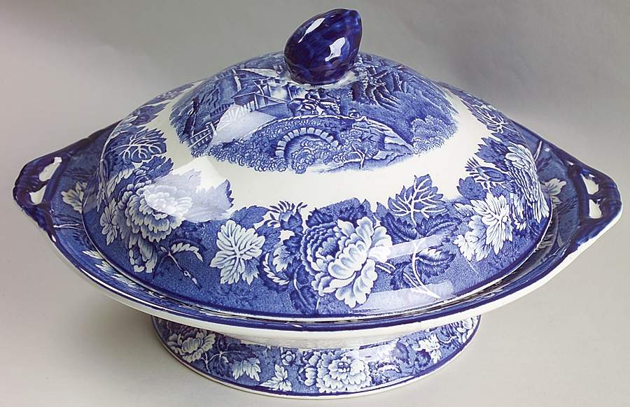 English Scenery Blue (Old Backstamp, Smooth) Round Covered Vegetable by Wood & Sons-1