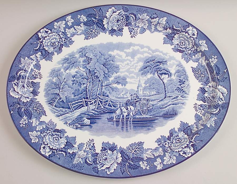 English Scenery Blue (Old Backstamp, Smooth) 18" Oval Serving Platter by Wood & Sons-1