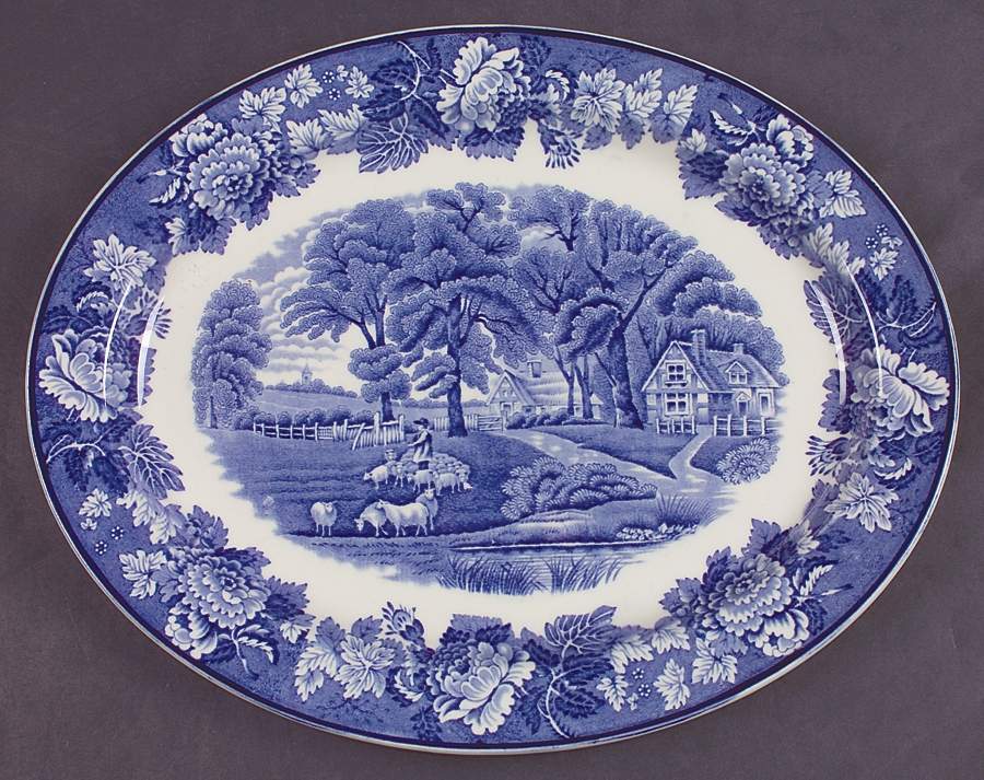English Scenery Blue (Old Backstamp, Smooth) 12" Oval Serving Platter by Wood & Sons-1