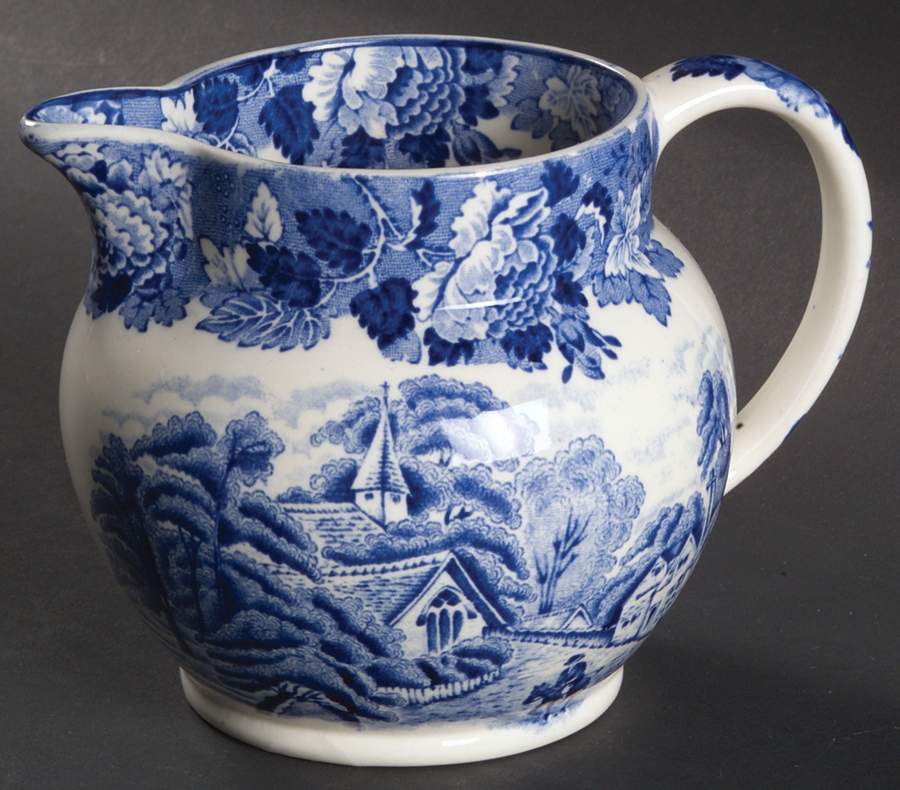 English Scenery Blue (Old Backstamp, Smooth) 16 Oz Pitcher by Wood & Sons-1