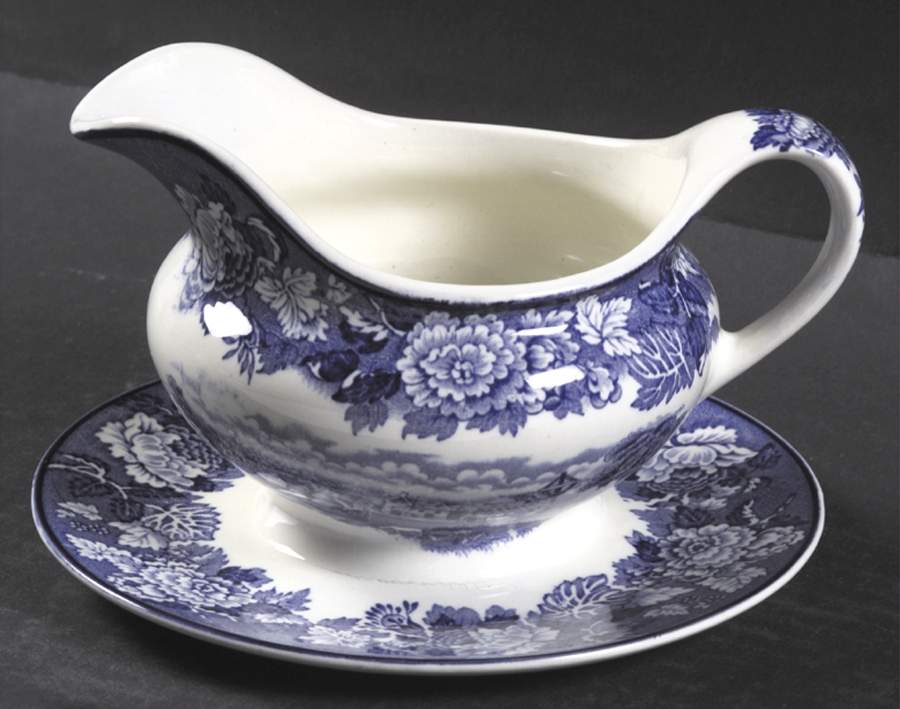 English Scenery Blue (Old Backstamp, Smooth) Round Gravy Boat/Attached Underplate by Wood & Sons-1